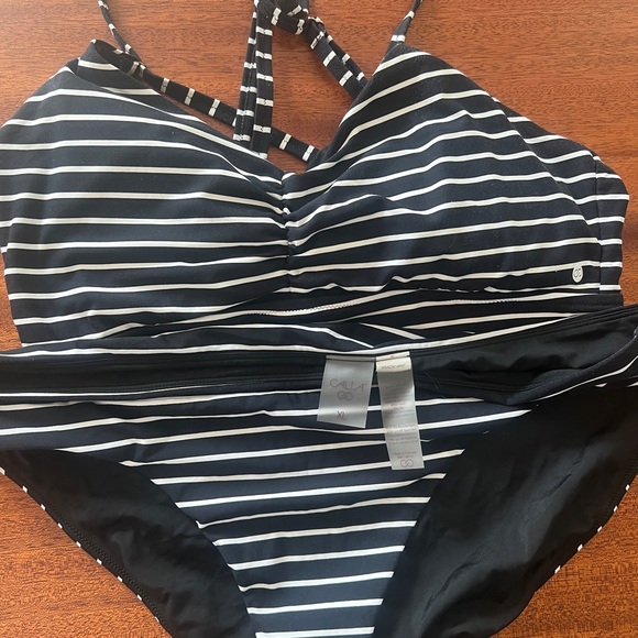 CALIA Striped Bikini Set XL Black & White Strappy Top Mid-Rise Bottom - Picture 4 of 7
